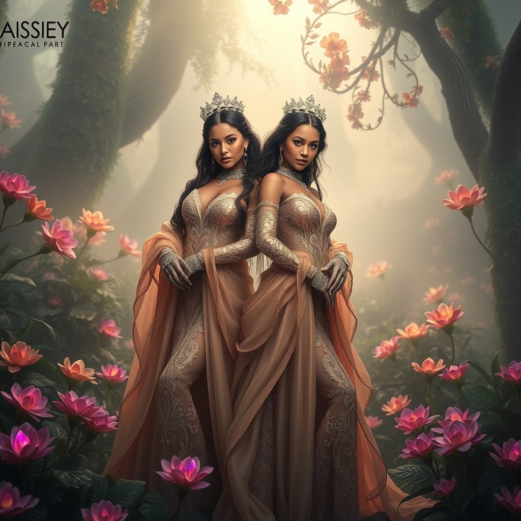 Majestic Twin Goddesses in Enchanted Dreamworld