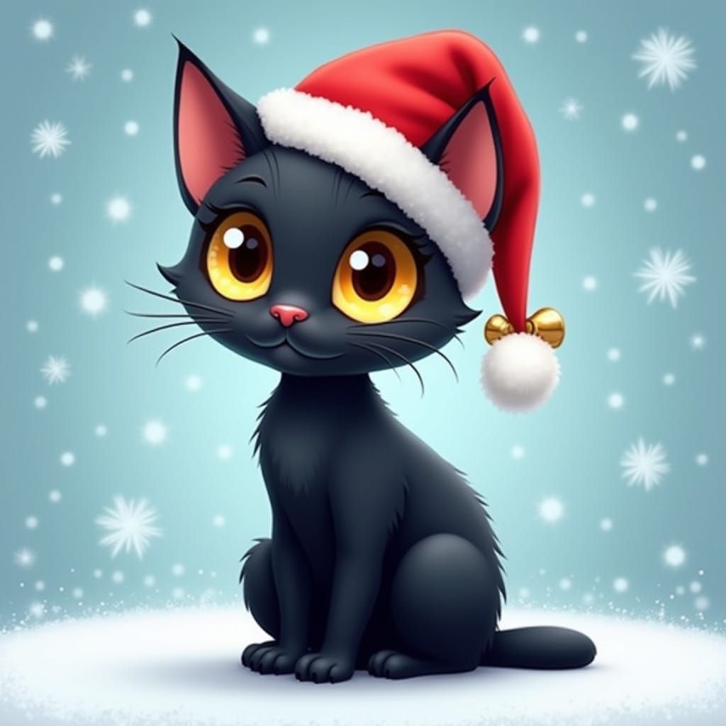 Charming Cartoon Cat in Red Santa Hat