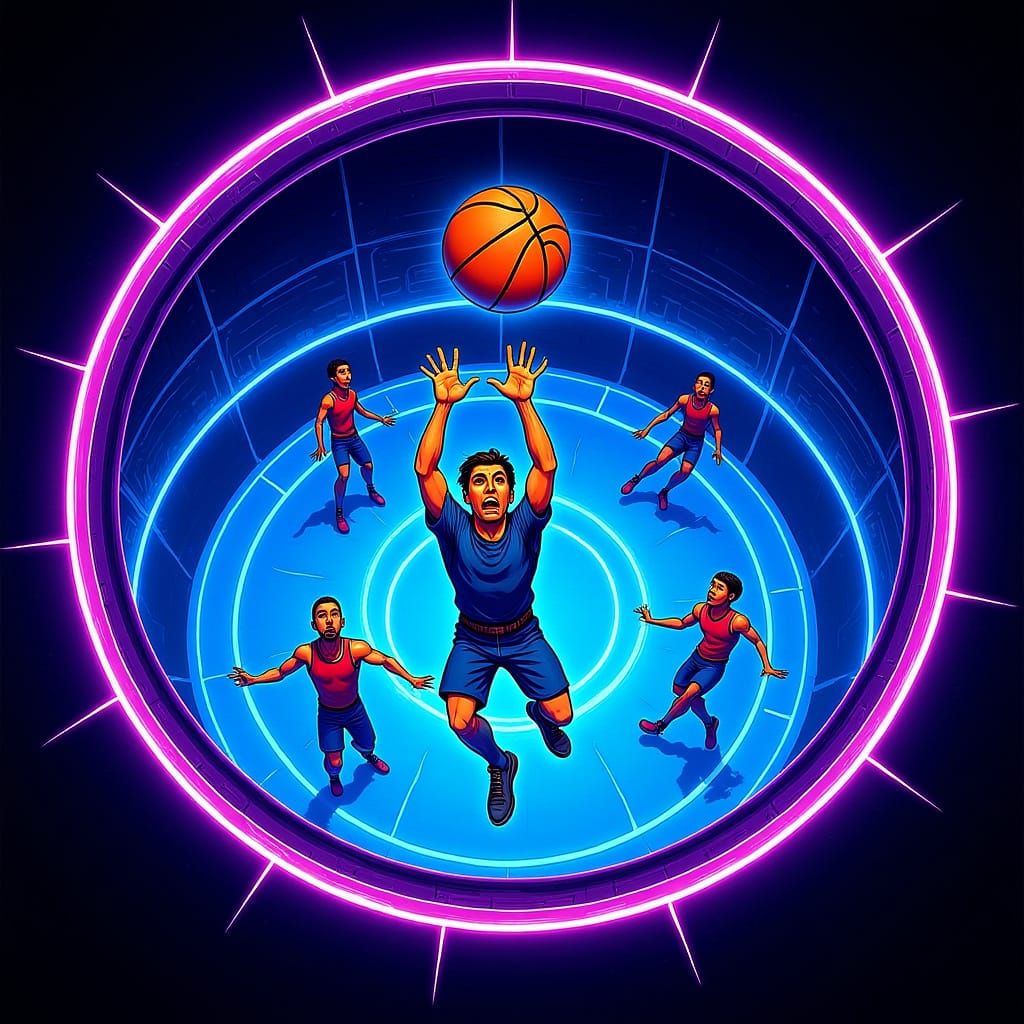 Basketball Fisheye View in Futuristic Neon Style
