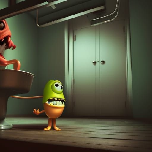 Funny Toilet Monster in Pixar Style