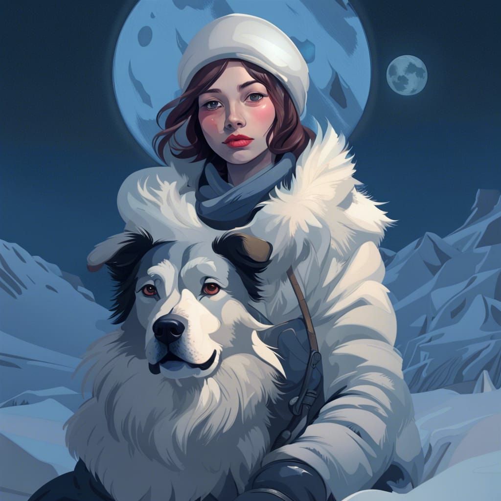 Woman and Dog in Snowy Field, James Jean Style