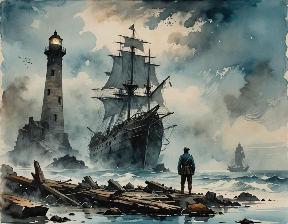 Weary Sailor Amidst a Foggy Shipwreck