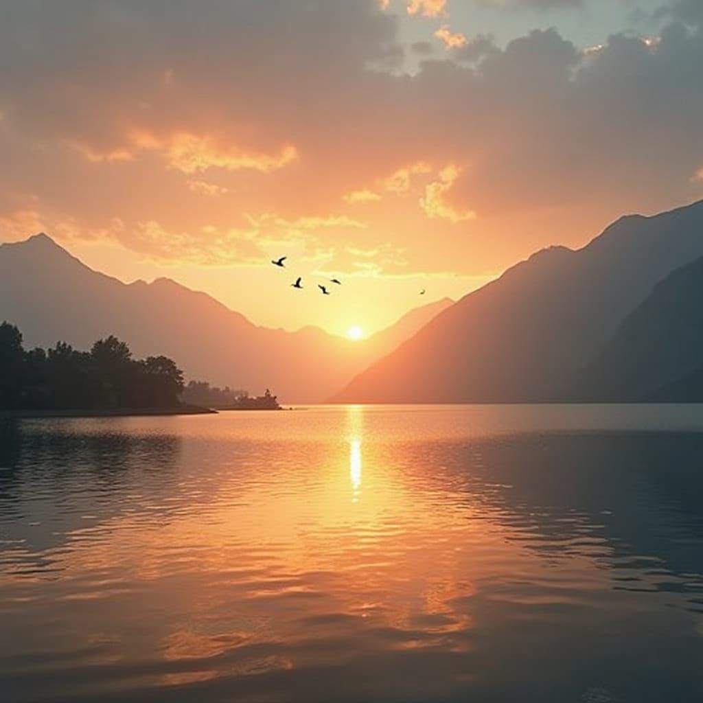 Picturesque Sunrise Over Lake with Mountains and Birds