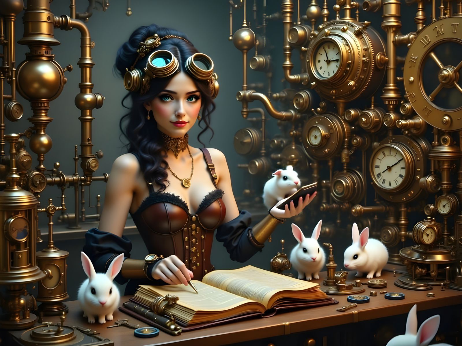 Steampunk Tinkerer Surrounded by Curious Rabbits in a Worksh...