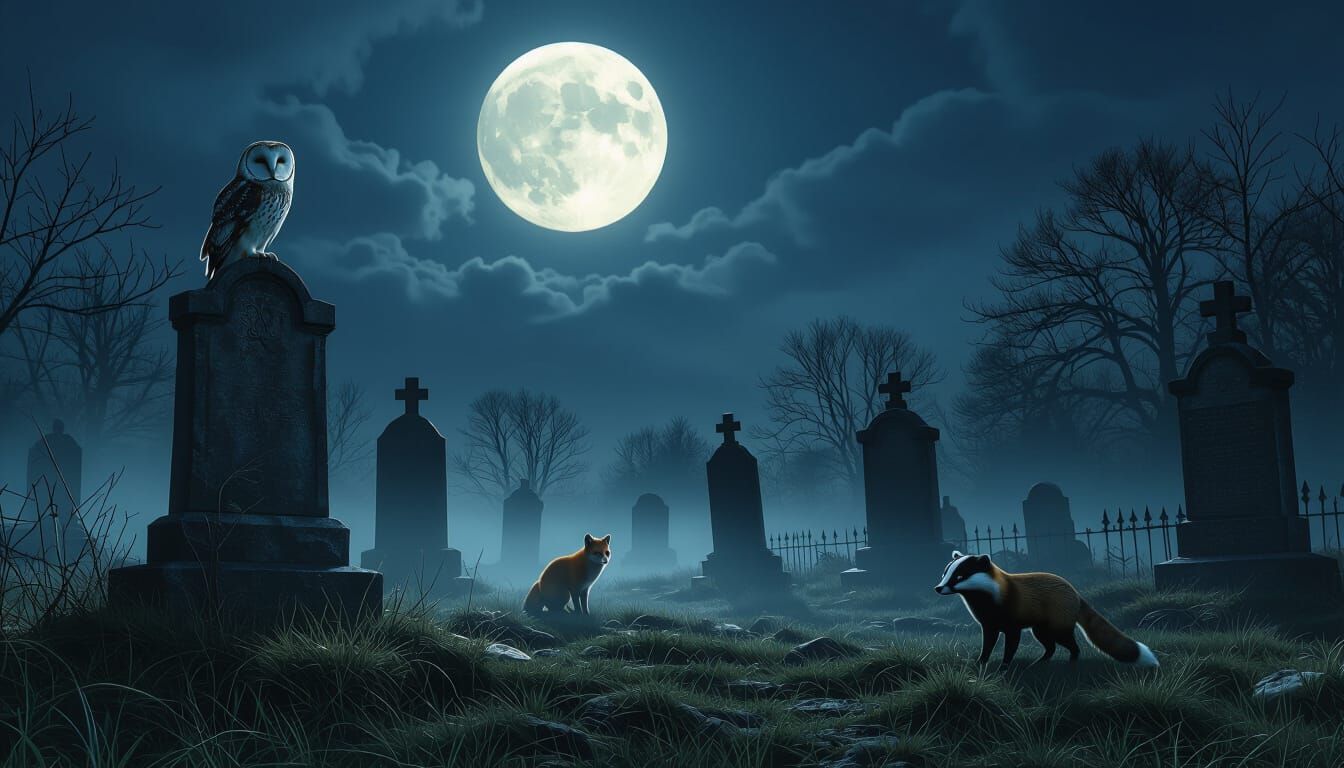 Moonlit Graveyard Scene in Hyperrealistic Style