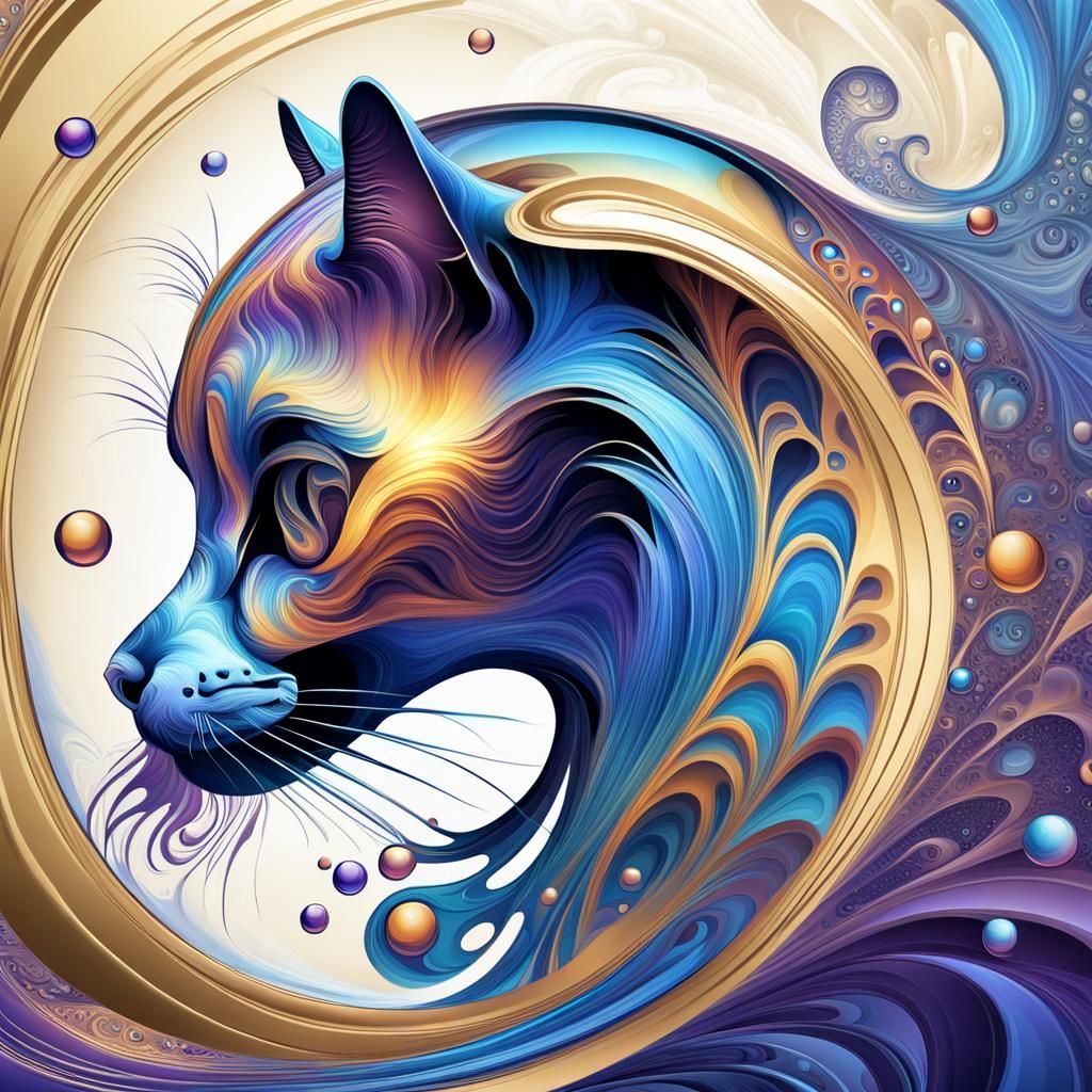 Abstract Fractal Cat in Bubble Bath: Escher-Inspired Art