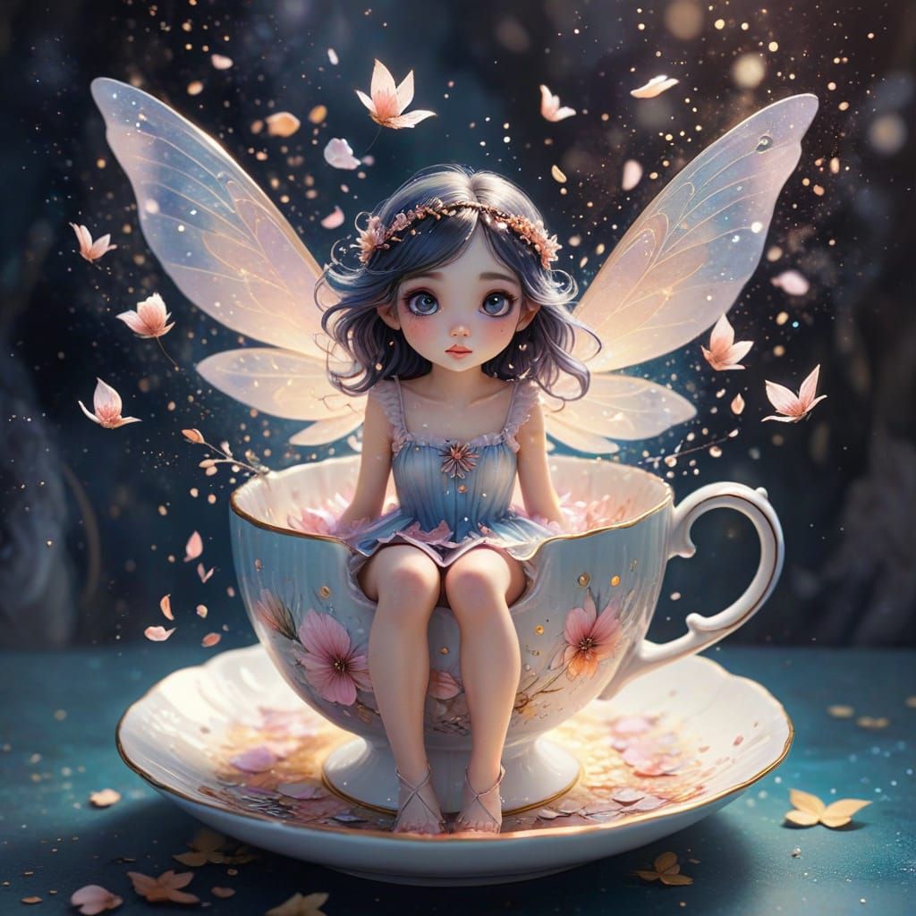 Whimsical Fairy Girl on Magical Teacup in Watercolor Style
