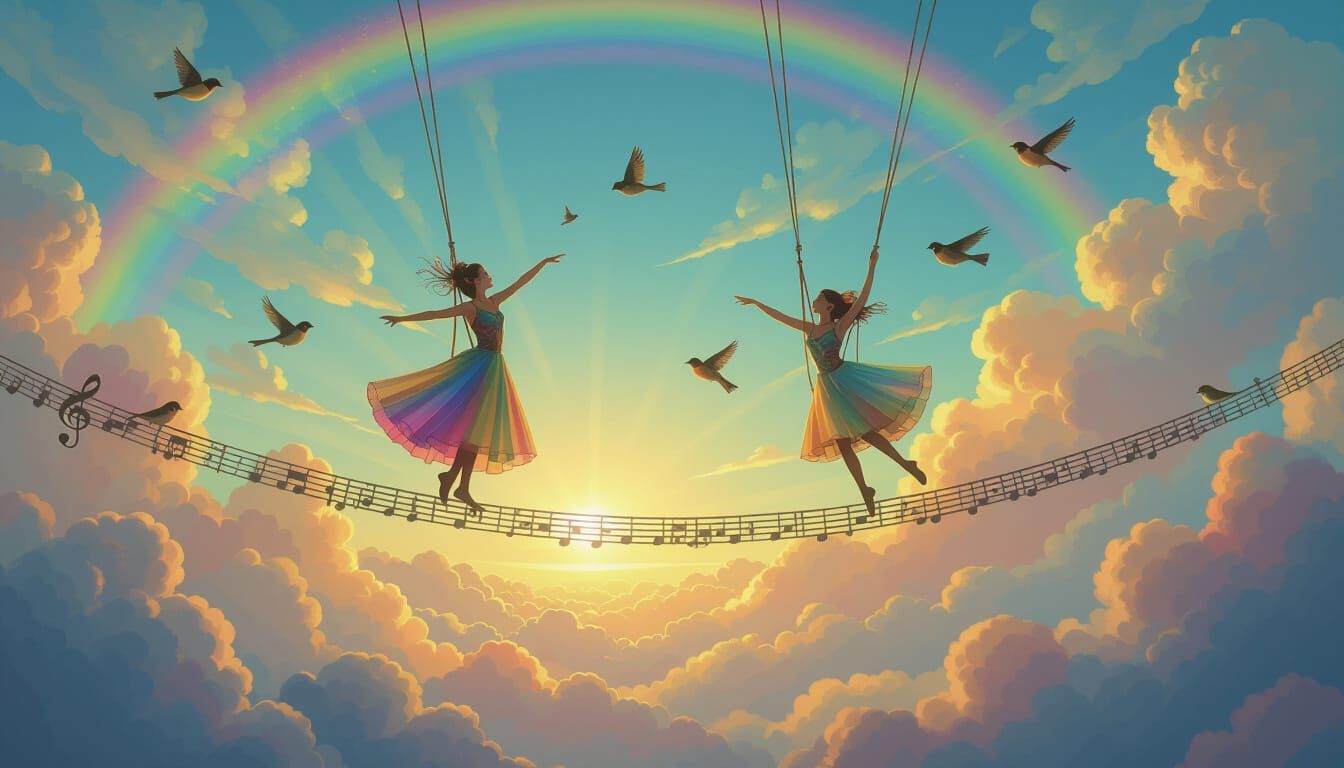 Surreal Circus: High-Wire Walker & Trapeze Artist Amidst Mus...