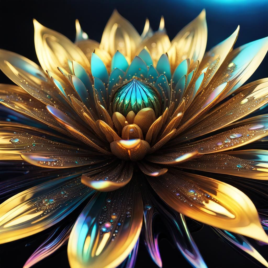 Iridescent Alien Flower with Golden Outline in Holographic I...
