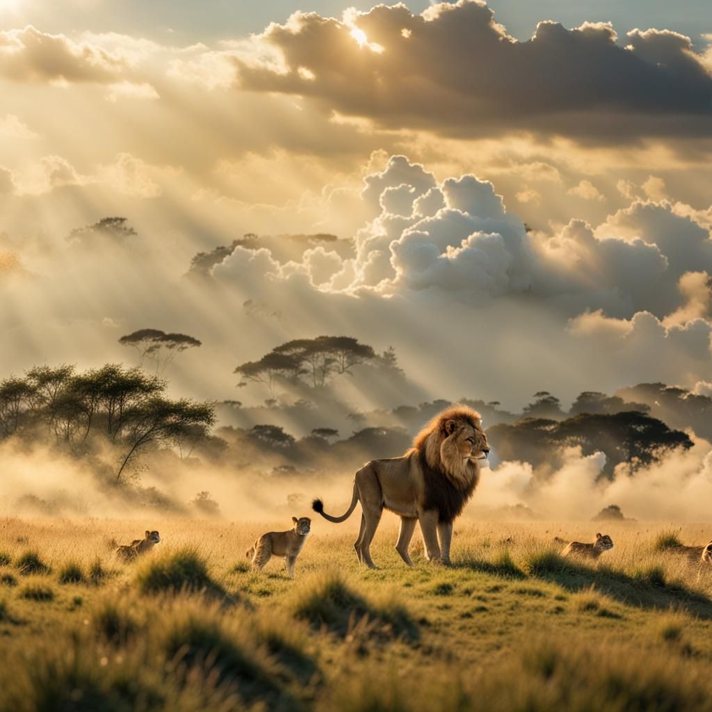 Majestic Lion Cloudscape Over African Plains
