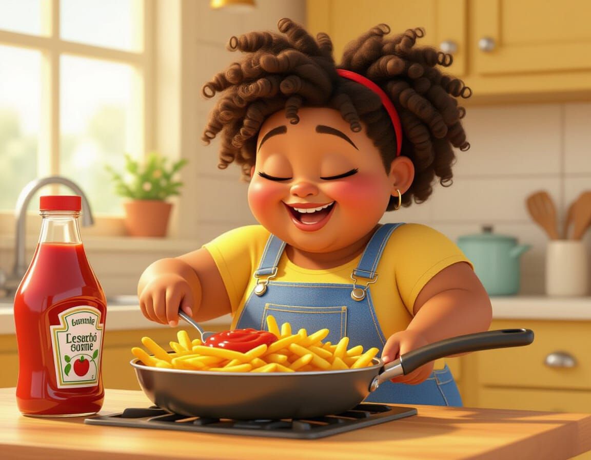 Cheerful Girl Cooking Fries, Animated Style