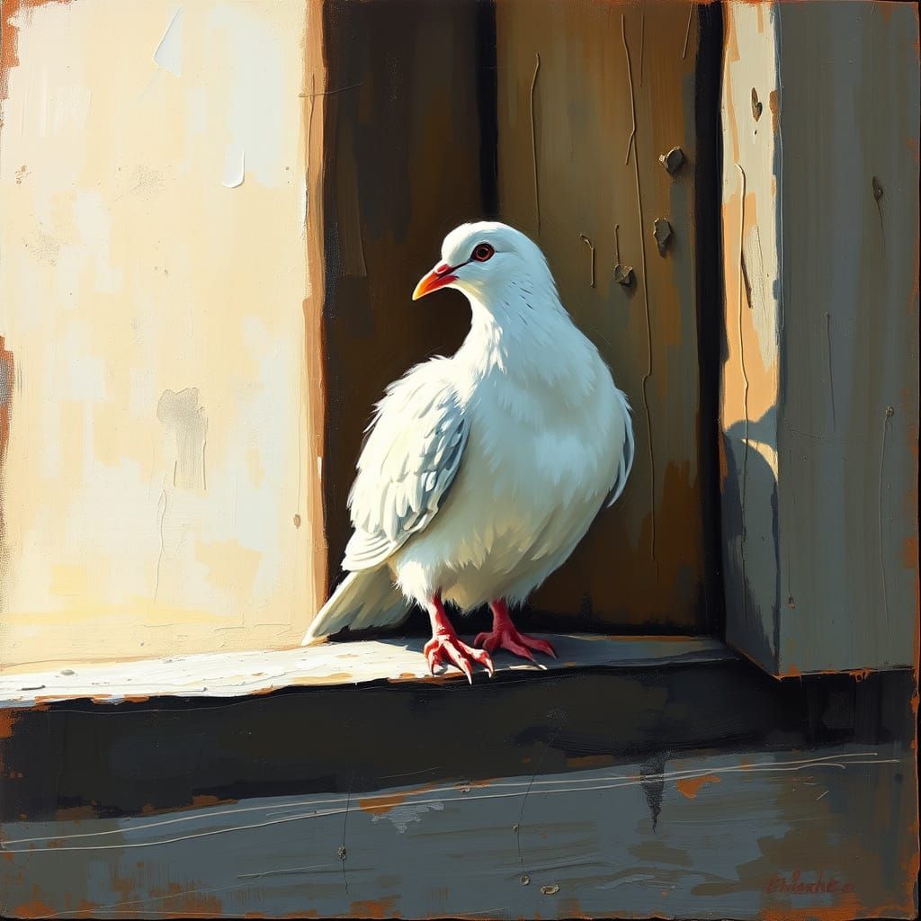 Expressive White Dove in a Rural Window Scene