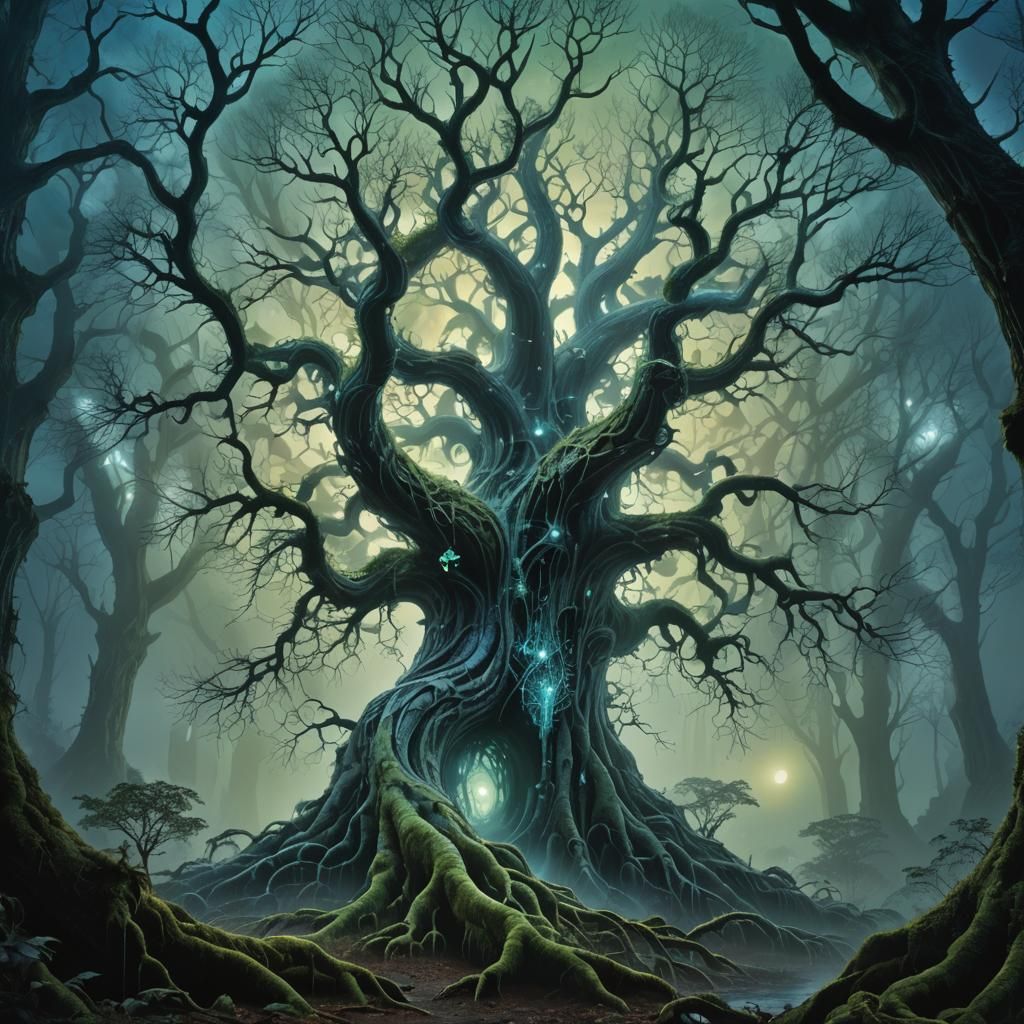 Crystalline Tree of Life in Misty Forest