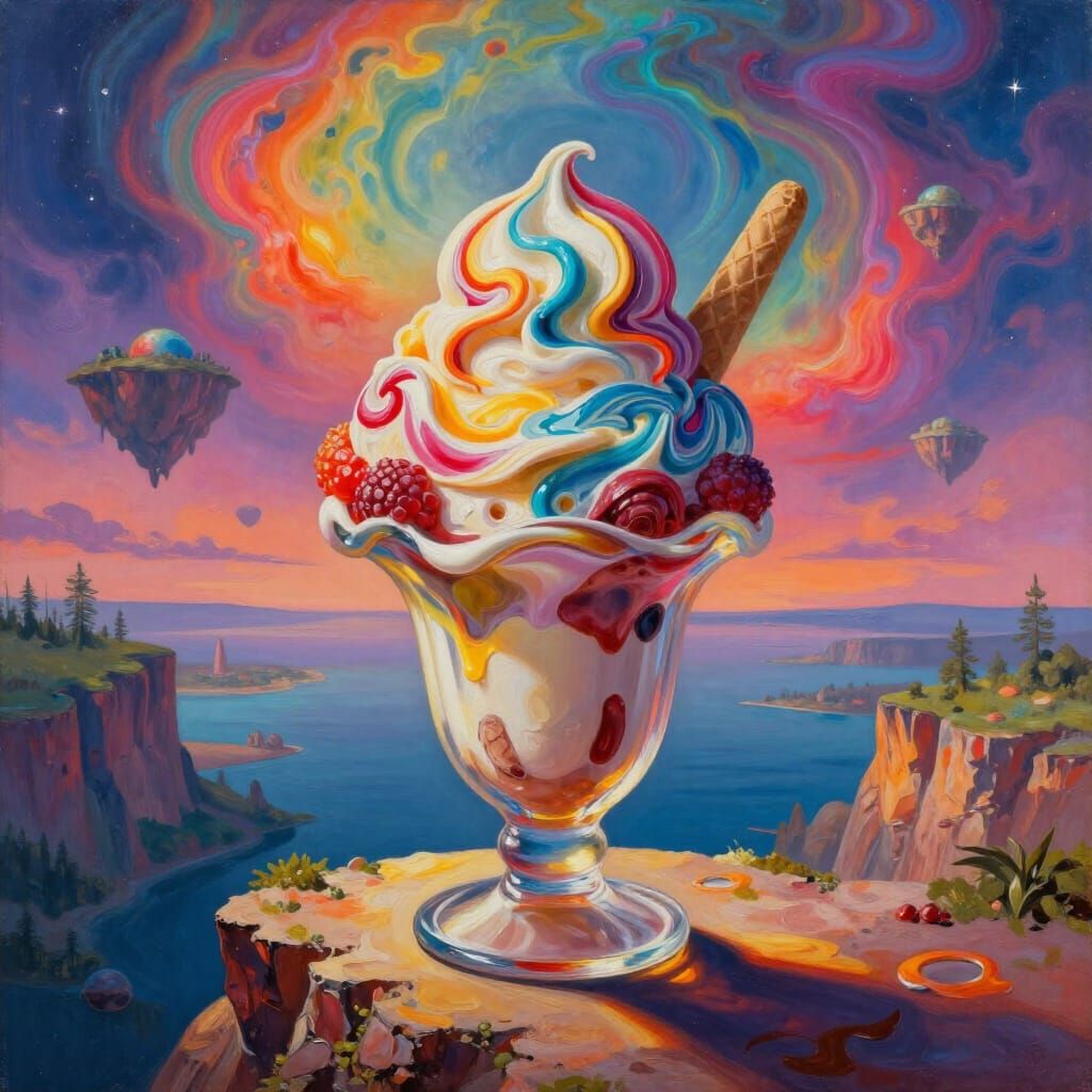 Colossal Sundae on Cliff Edge in Surreal Dreamscape