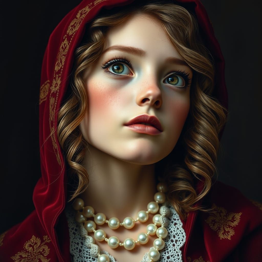 Woman in Crimson Velvet Cloak with Golden Eyes