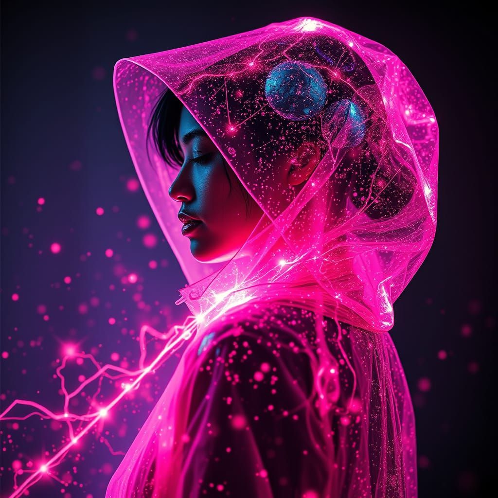 Shimmering Girl Portrait with Nebula, Fire, and Laser Lights
