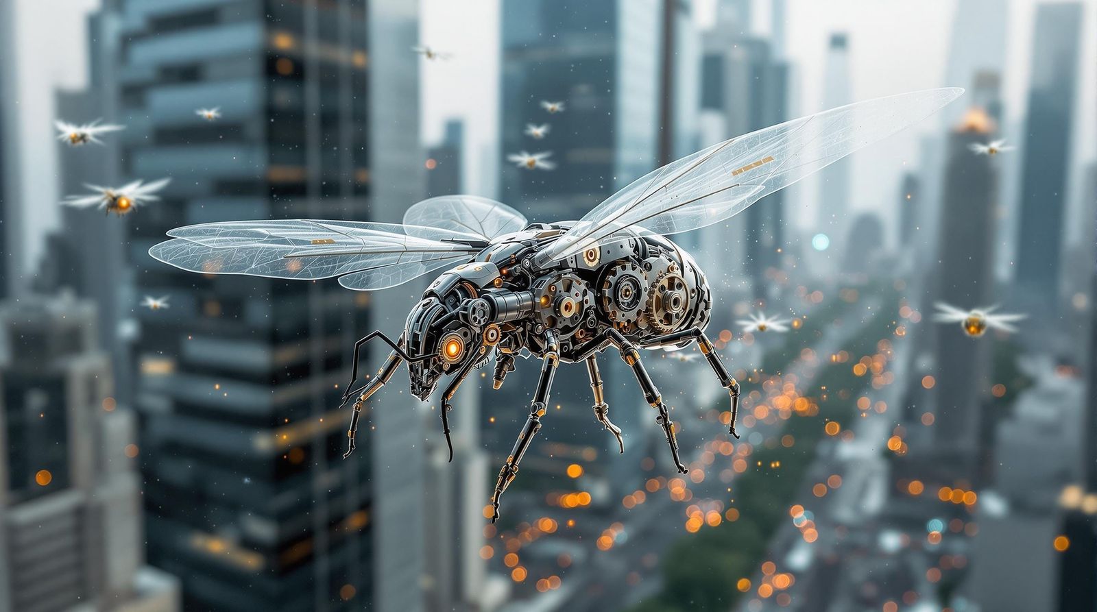 Mechanical Insects Thrive in a Futuristic Cityscape