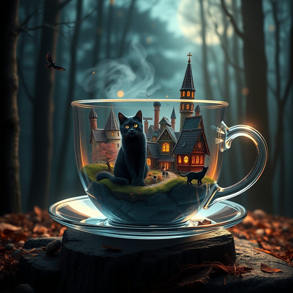 Halloween Village Inside Crystal Teacup, 3D Render