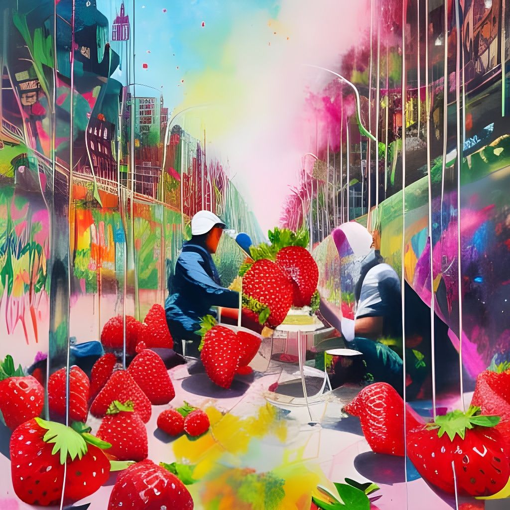 Parisian Artist Painting Strawberries in Graffiti Art Style