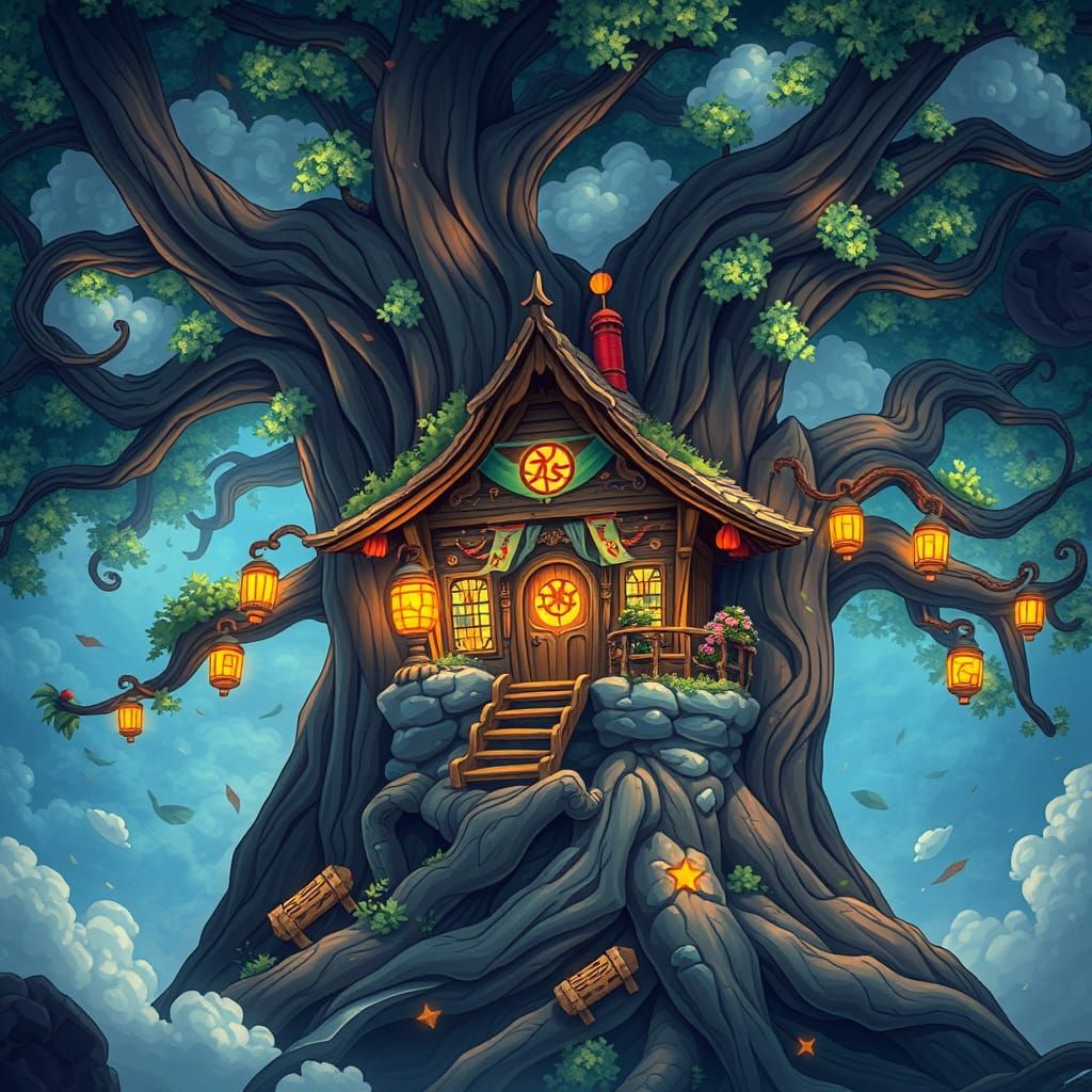 Enchanted Treehouse in Vibrant, Whimsical Style