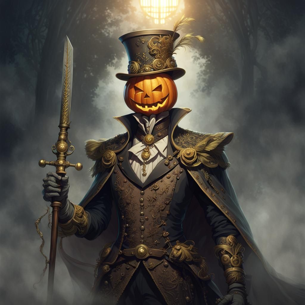Steampunk Pumpkin-Headed Figure with Sword Cane
