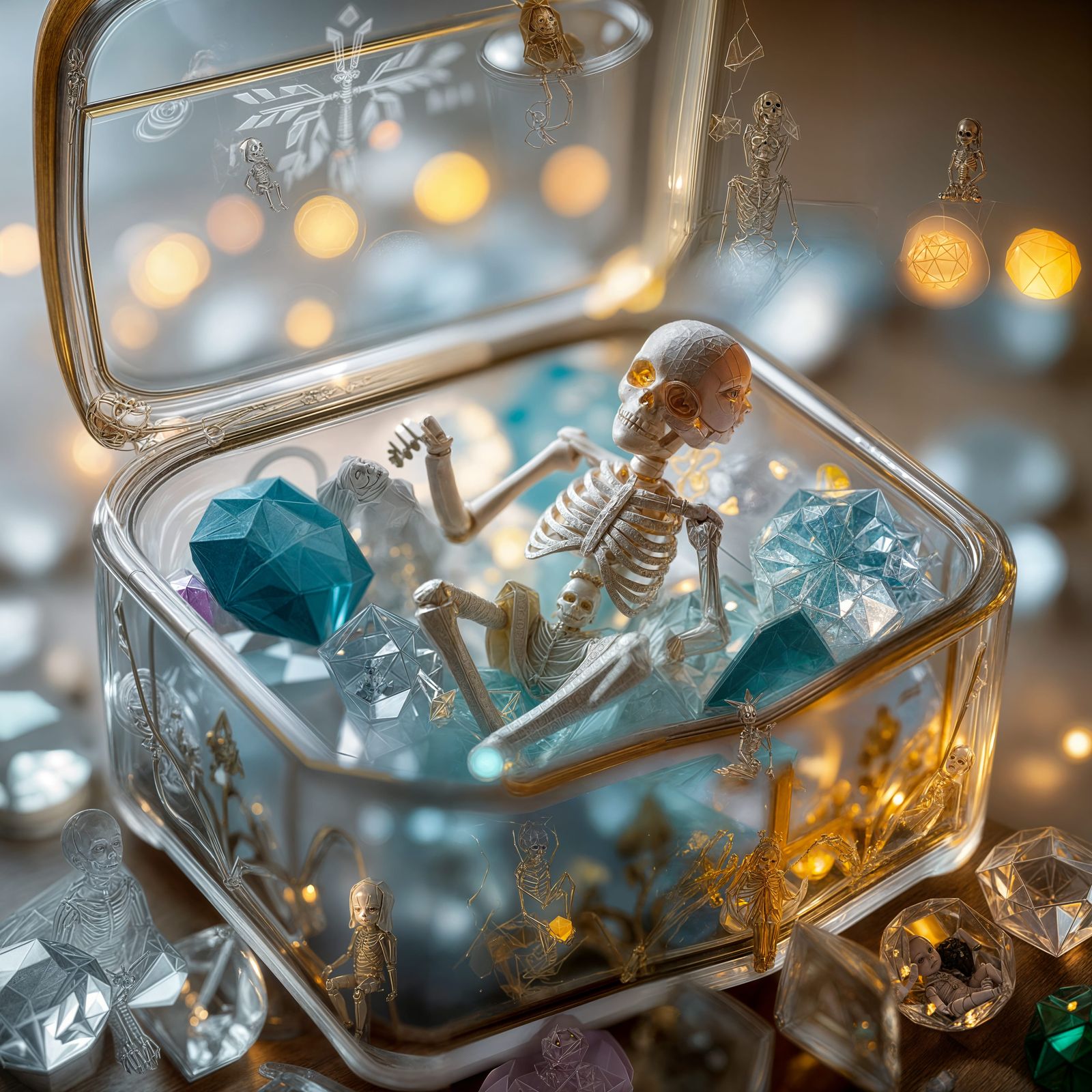 A cute miniature baby  skeleton Jesus sitting in a glass jewelry box overflowing with glowing glass jewelry.