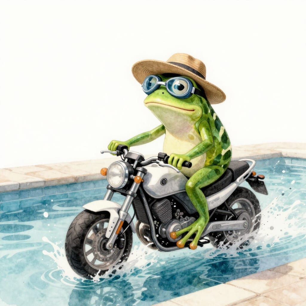 Frog Rider on Motorbike by Pool in Pastel Watercolour Style