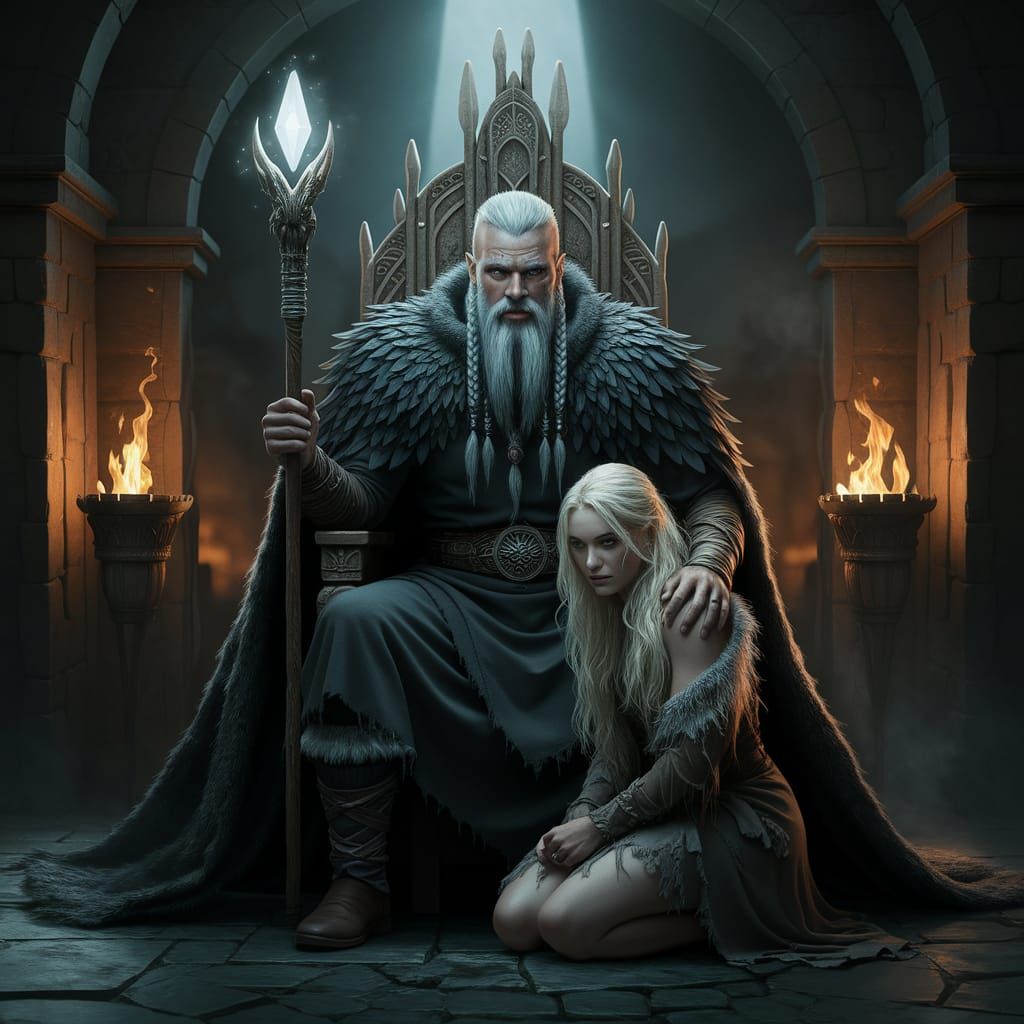 Viking Elder on Bone Throne in Grand Hall