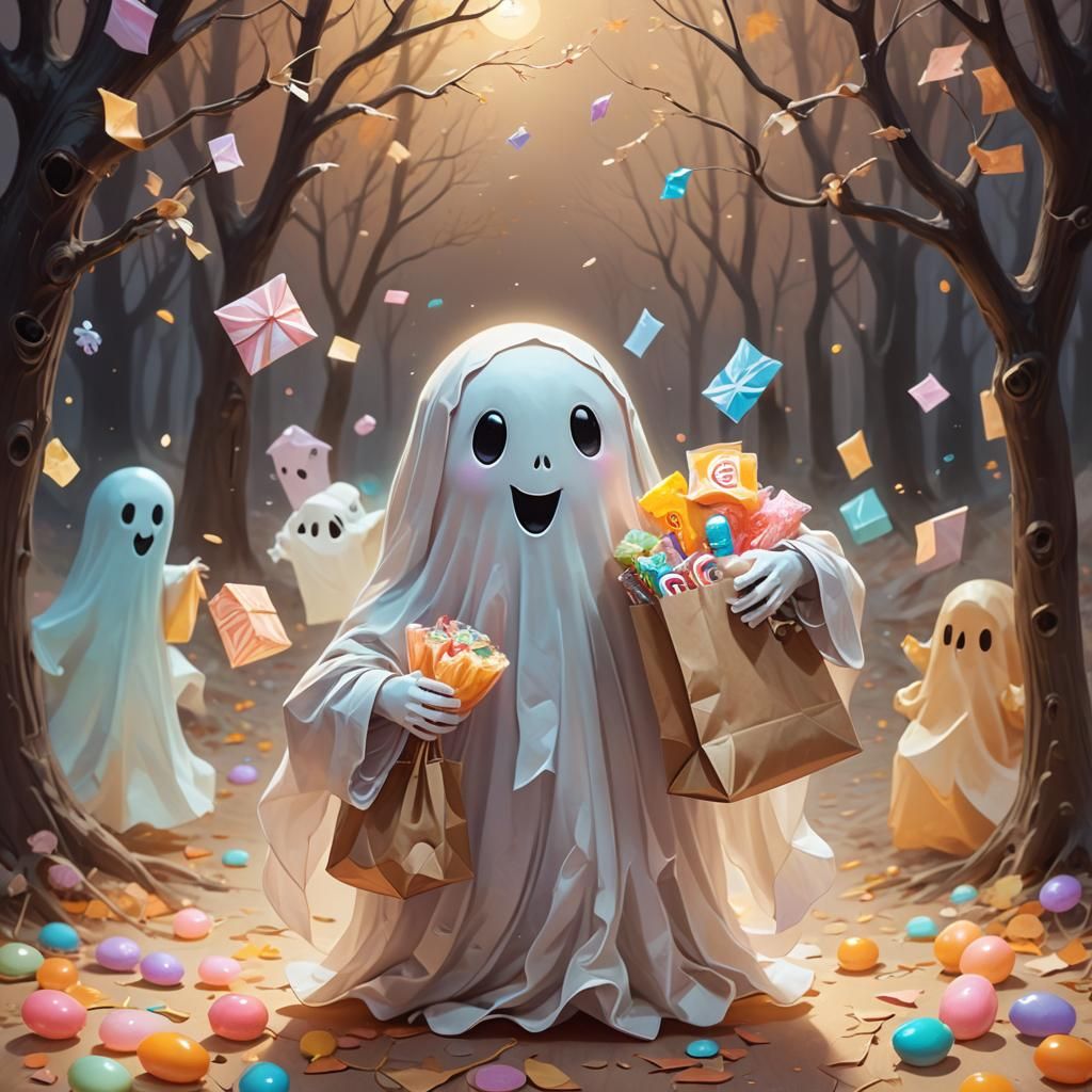Cute Ghost with Candy: Whimsical Concept Art