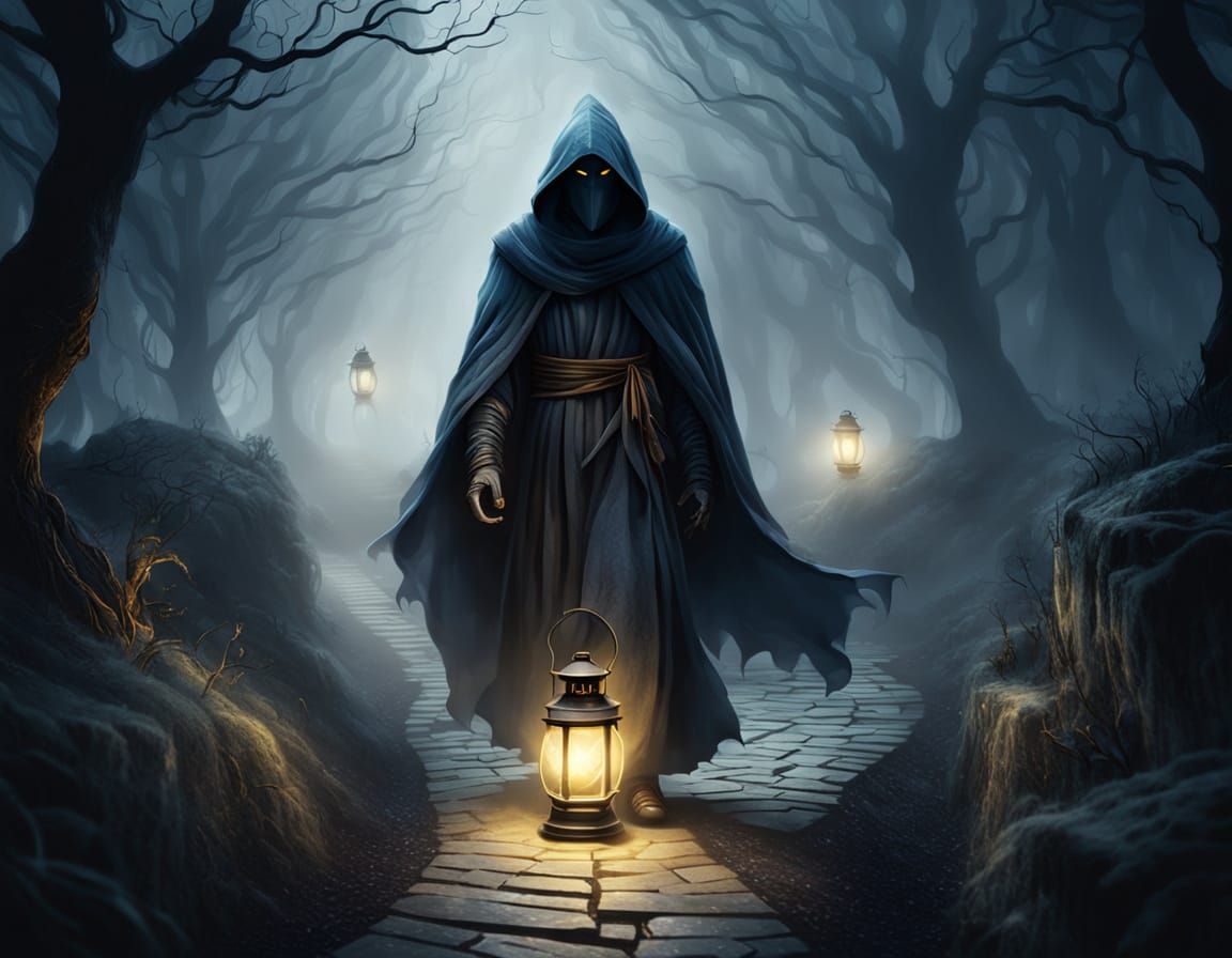 Cloaked Figure with Lantern in Dark Fantasy Style
