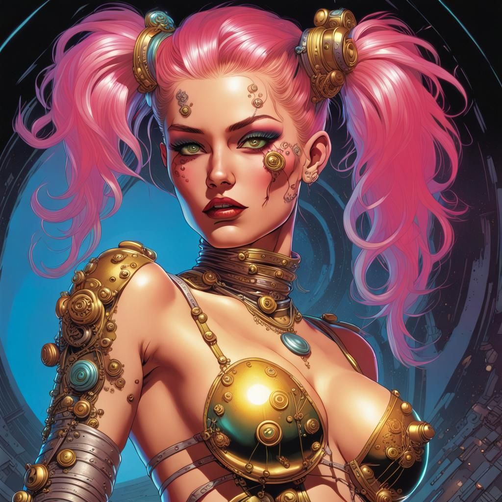 Rainbow Haired Cyberpunk Girl in Neon Cityscape