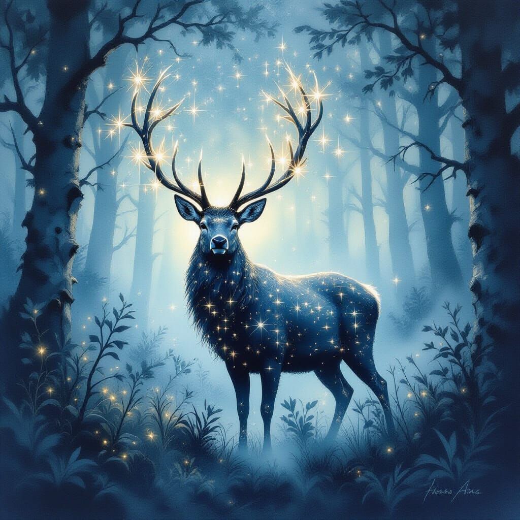Stag Made of Stars in Enchanted Forest