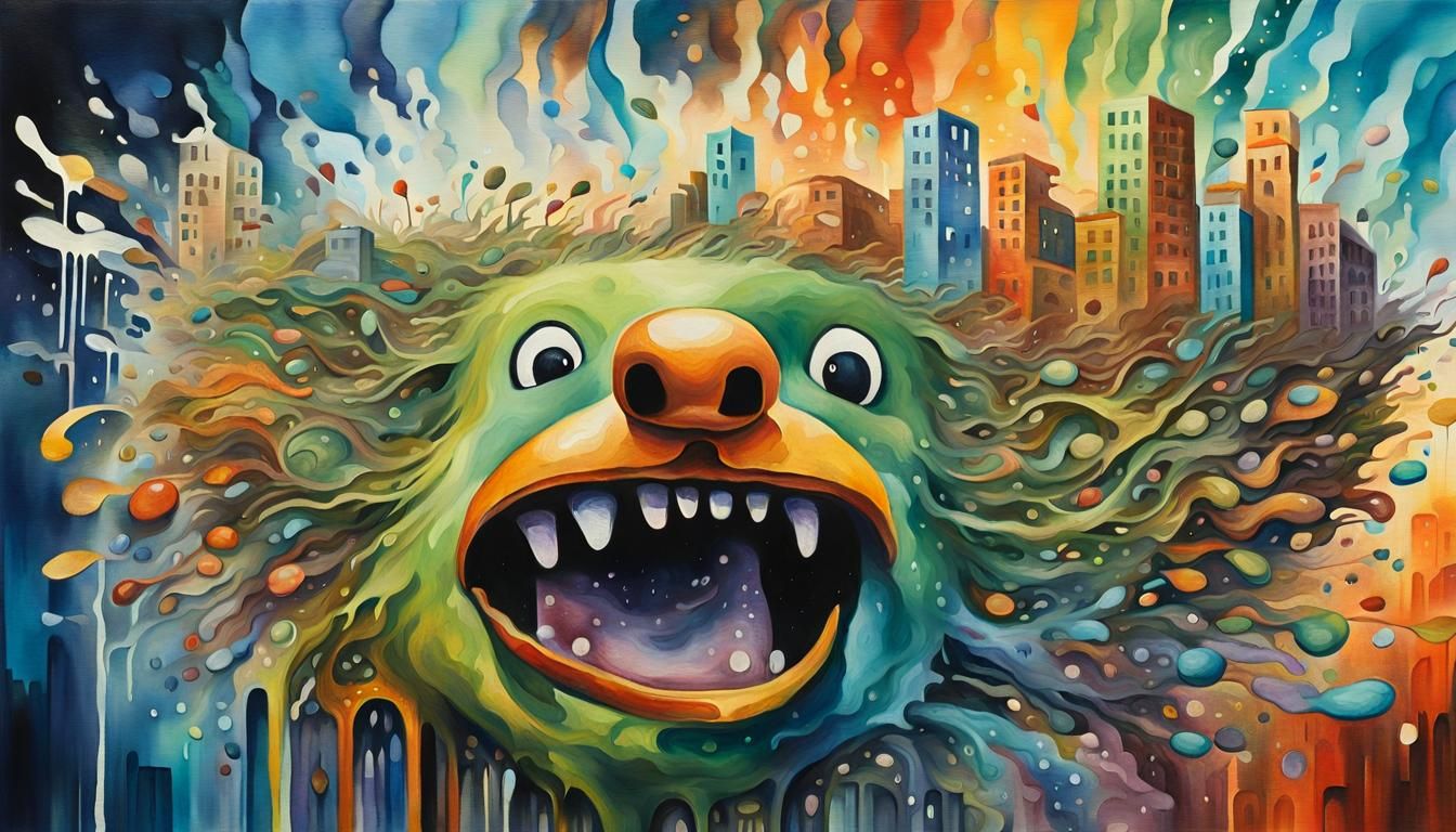 Surreal Face with Lemmings and City Hair