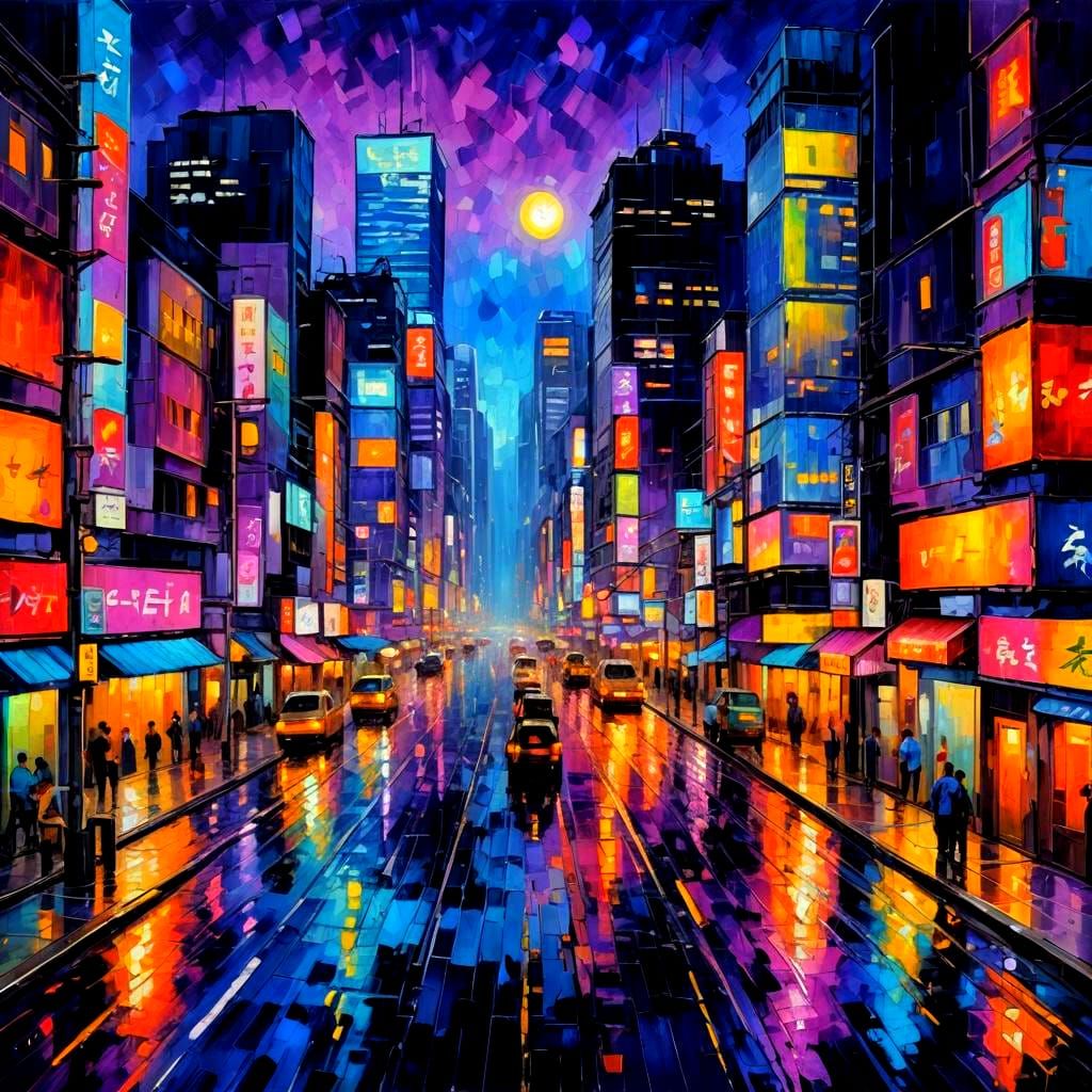 Tokyo Cityscape at Night: An Expressionist Oil Painting