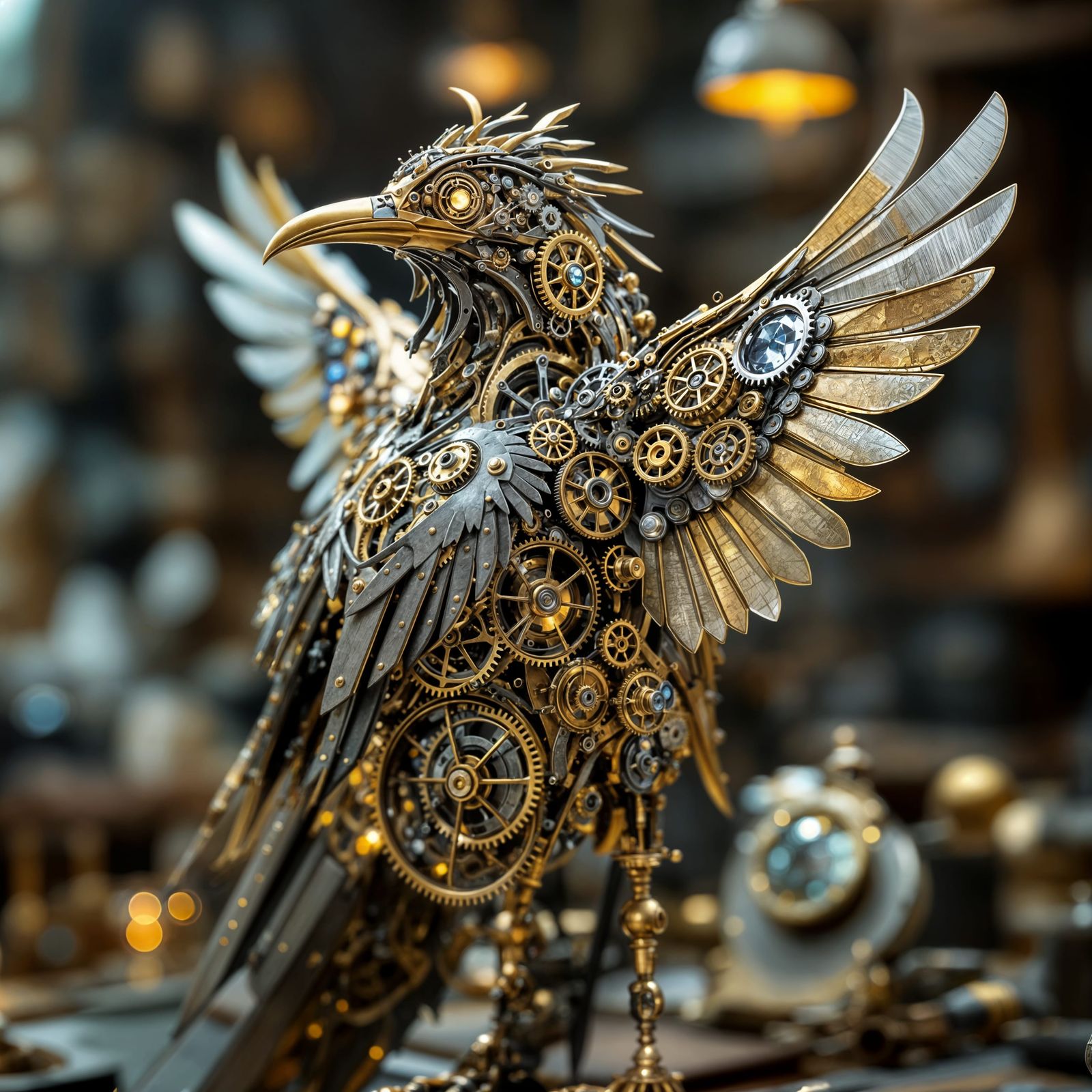 Intricate Steampunk Clockwork Bird with Gears and Brass