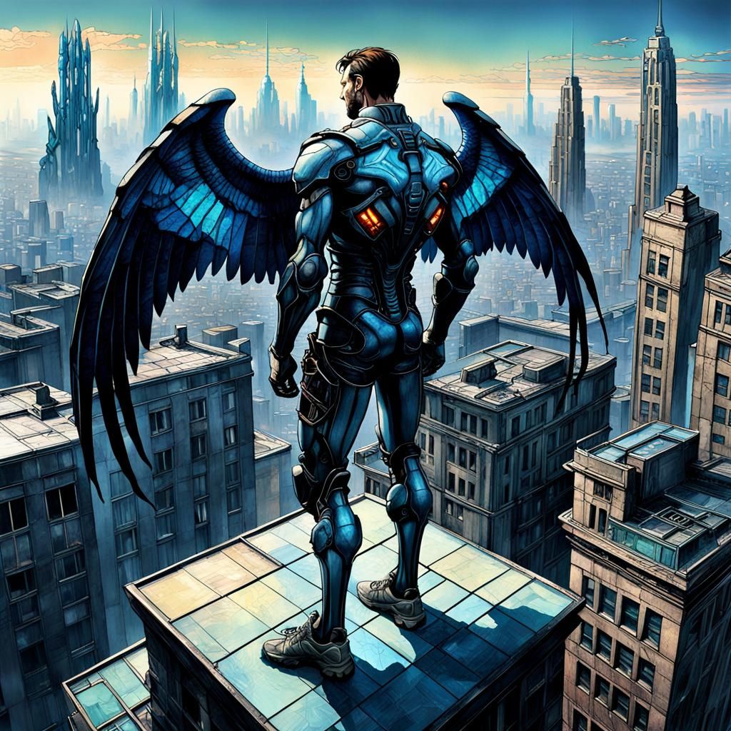 Cyberpunk Birdman on Skyscraper Gargoyle