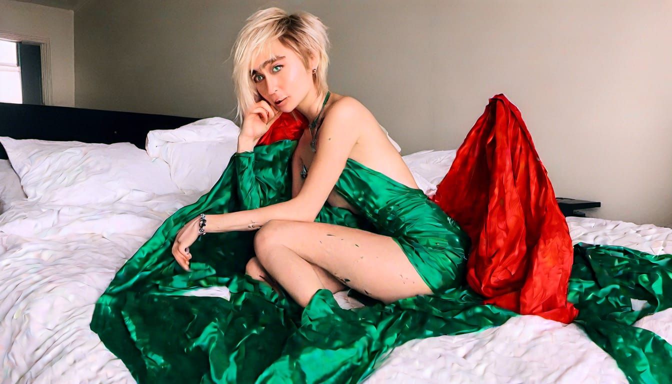 Swimsuit Model Photo on Red Silk Sheets