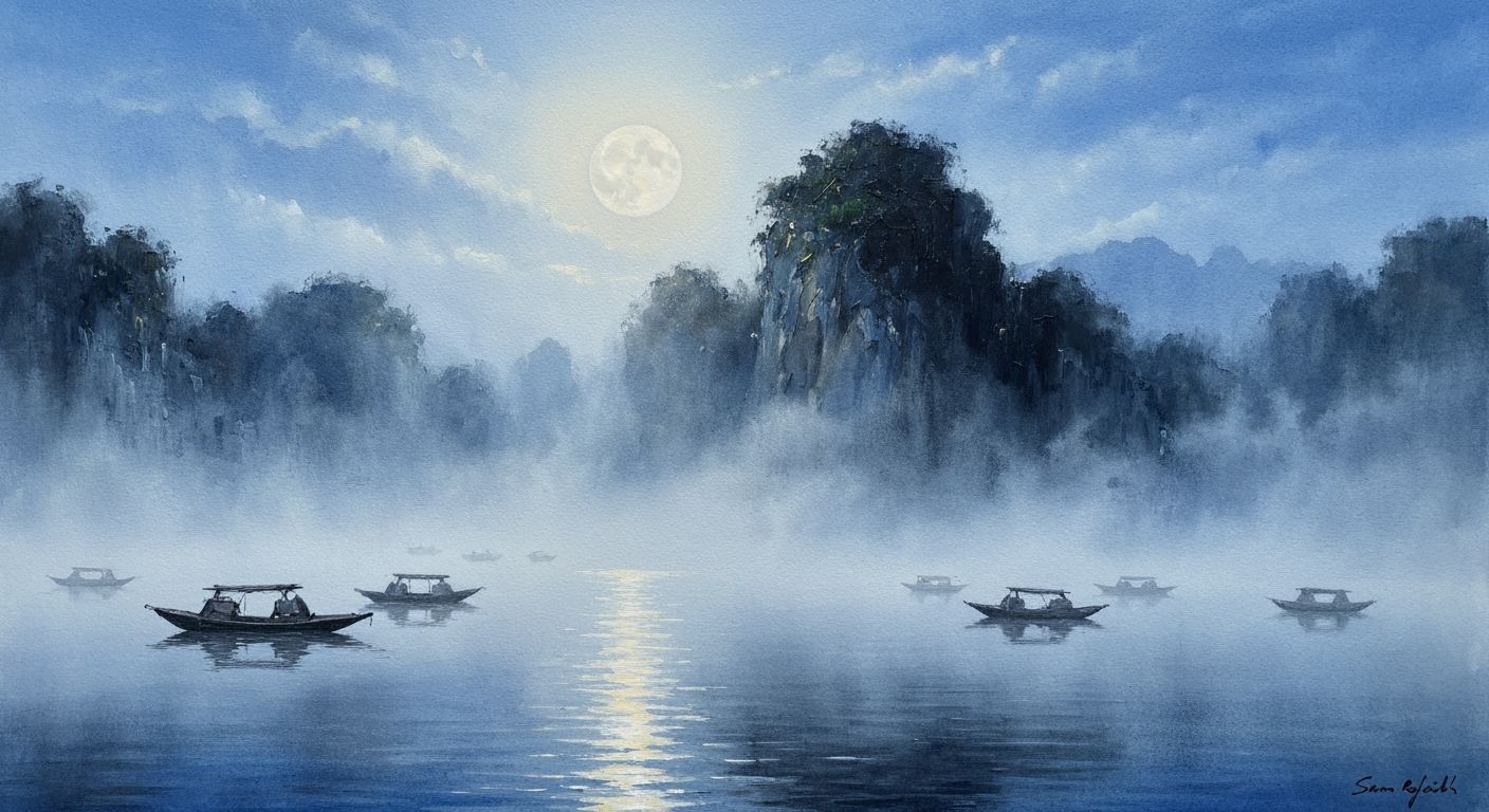 Misty Moonlit Chinese Landscape in Watercolor Style