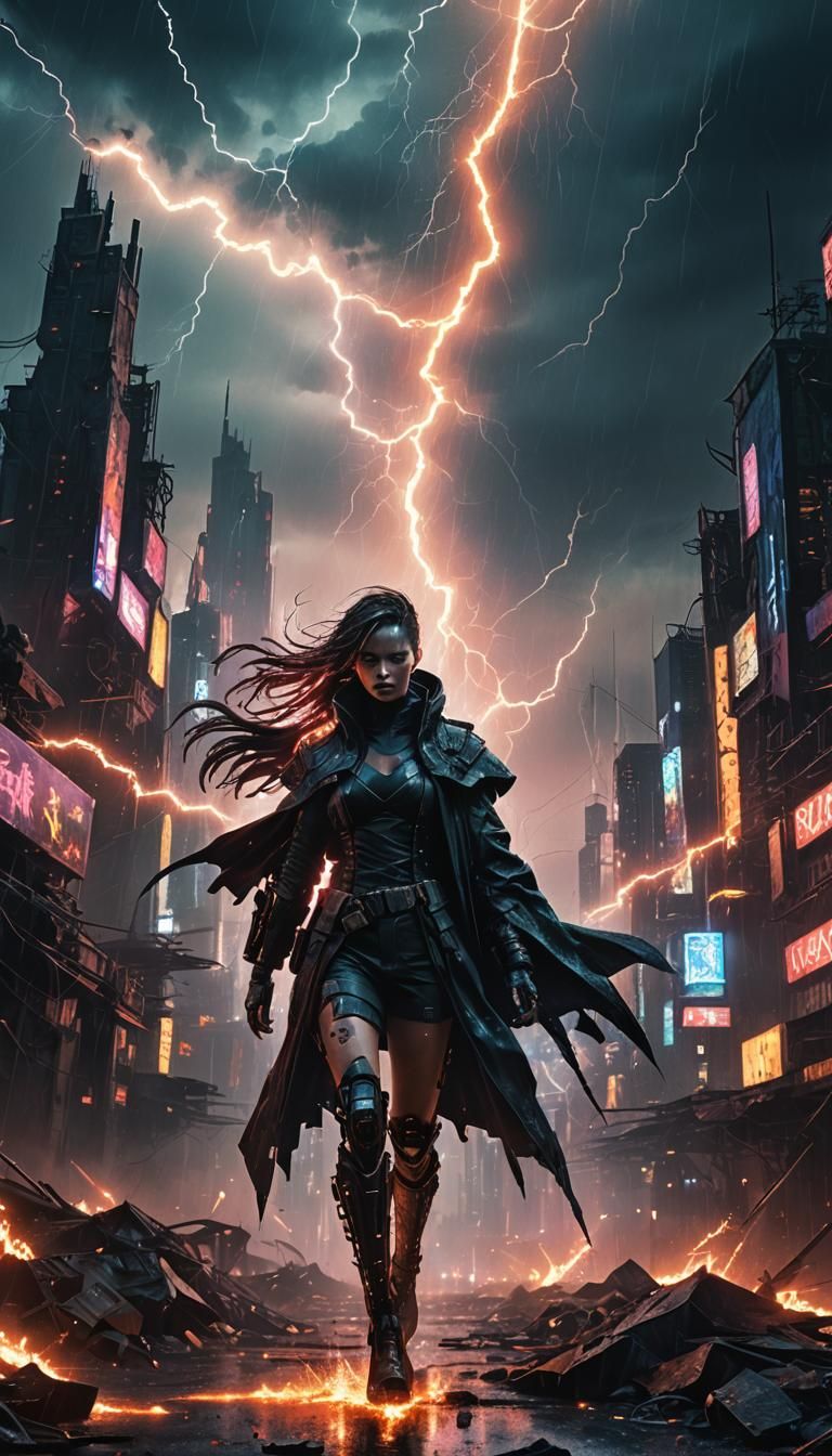 Cyberpunk Goddess Descends in Neon Cityscape