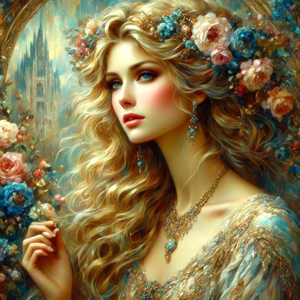 Victorian Woman with Rococo Flowers in Art Deco Style