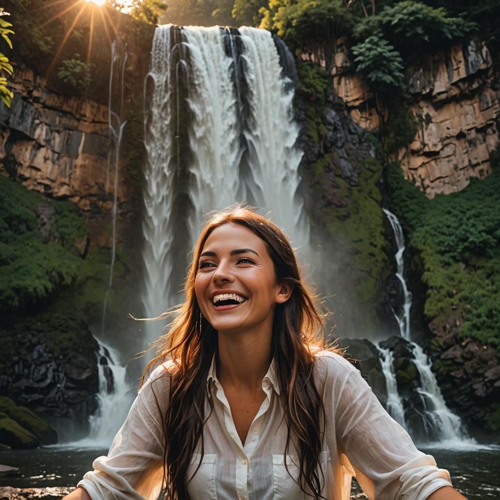 Epic Waterfall Streams from Smiling Woman's Mouth