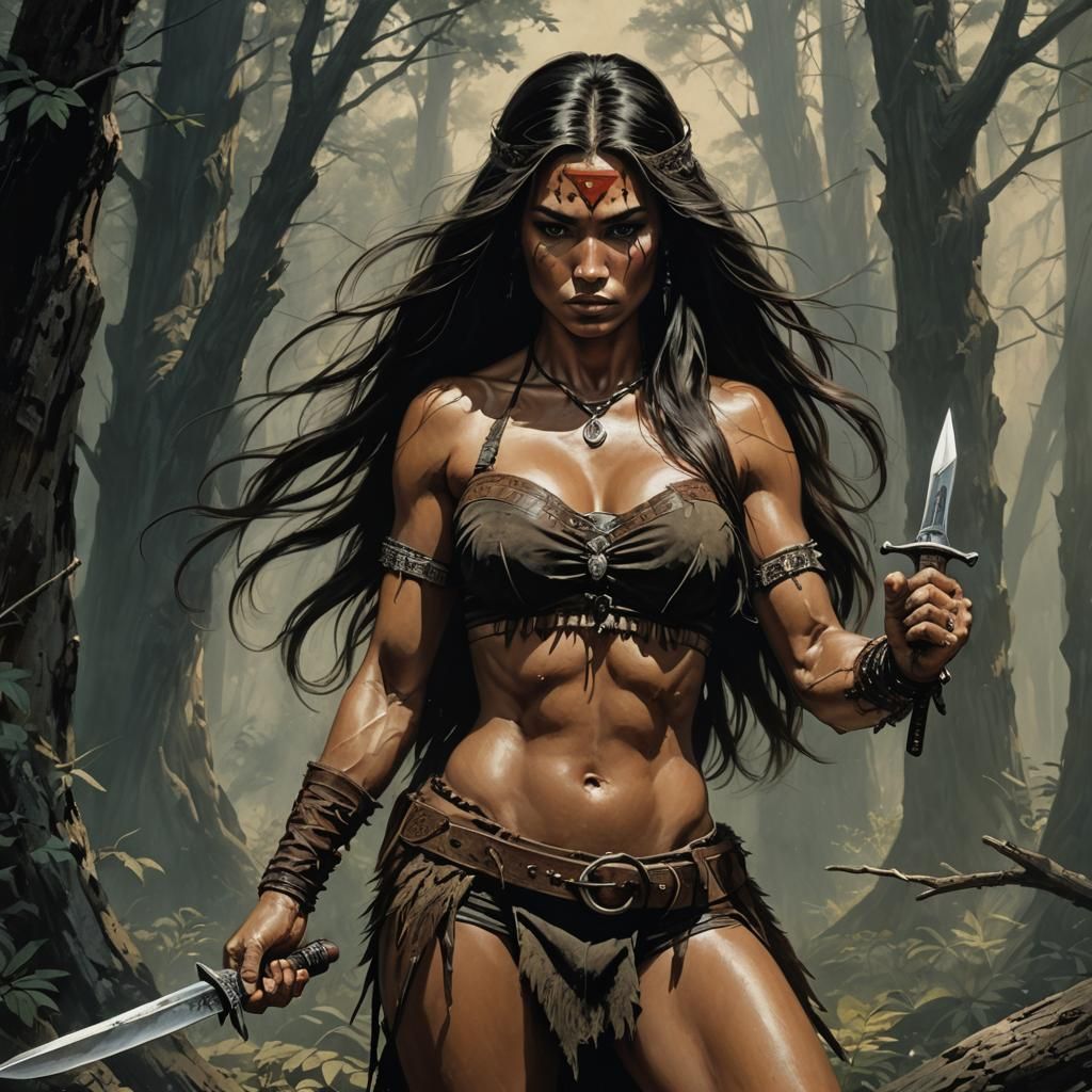 Hyperrealistic Native Woman with Hunting Knife