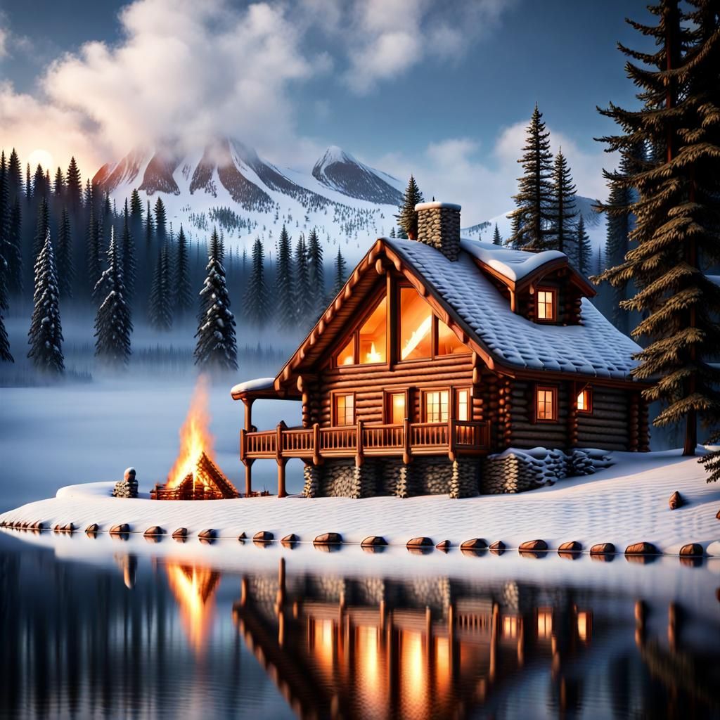 Cozy Log Cabin on Snowy Mountain