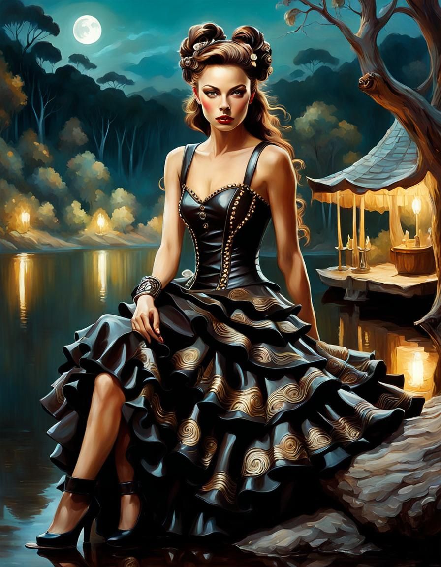 Warrior Woman Resting by Lake: Expressionist Painting