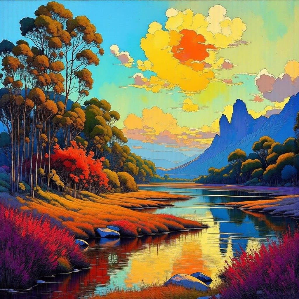 Whimsical Art Studio Scene in a Dreamy Landscape