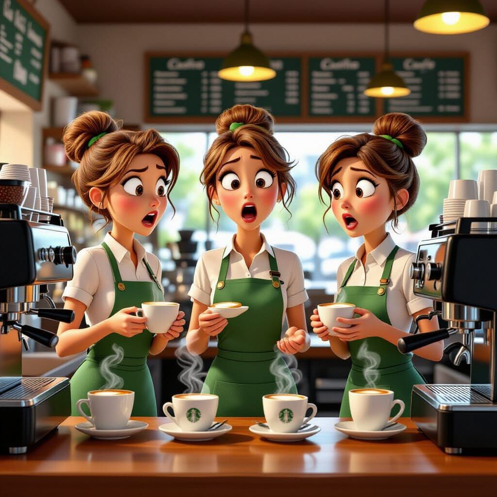 Stressed Starbucks Baristas in Pixar Style