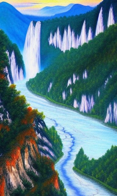Picturesque Mountain Landscape with Waterfall in Matte Paint...