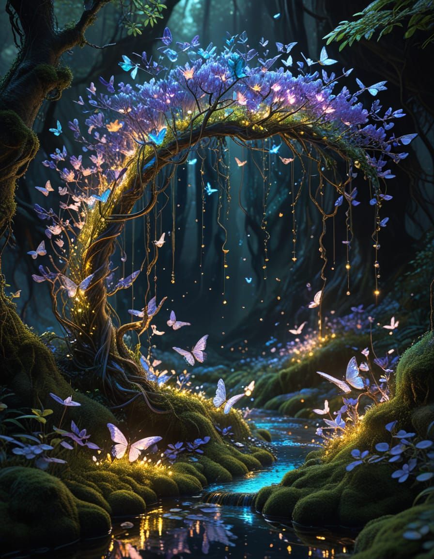 Ethereal Bioluminescent Wisteria Tree in a Mystical Forest