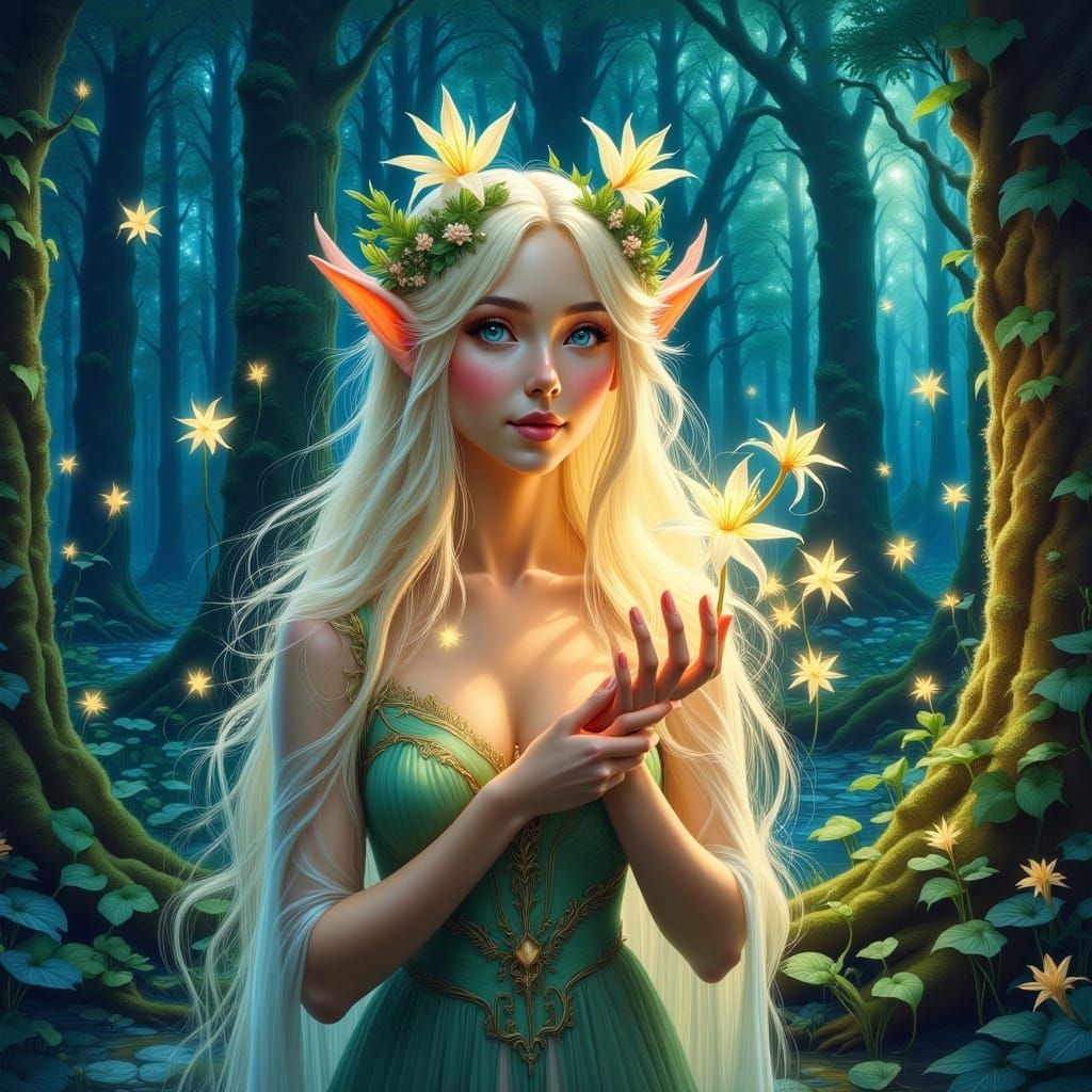 Ethereal Elf Woman with Luminous Flower in Enchanted Forest