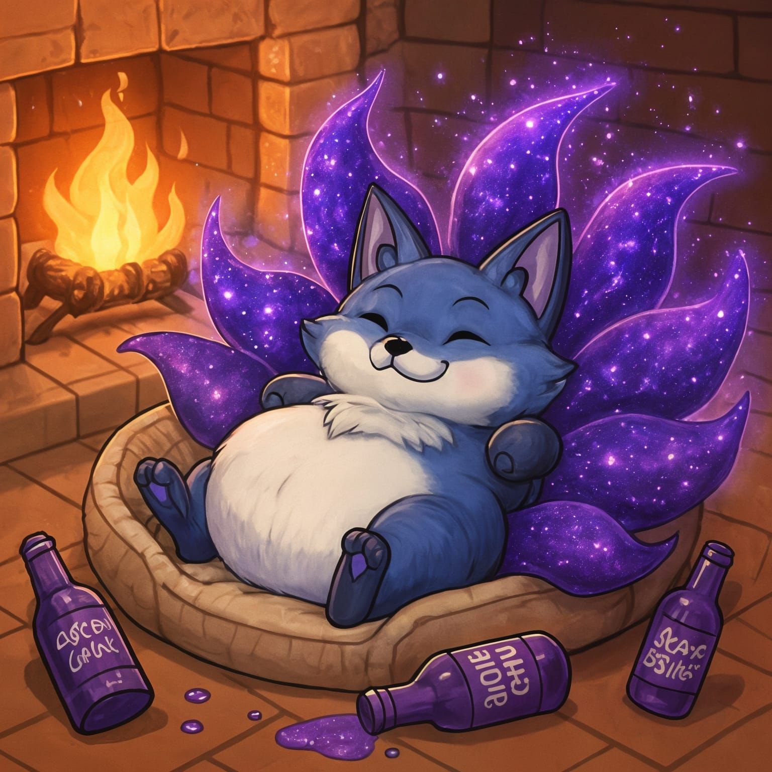 Chubby Fox with Cosmic Tails and Soda Bottles